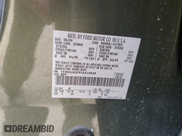 2001 Ford Excursion Limited z VIN 1FMSU43F91EA10949, wystawiony jako Copart lot #51003325 z przebiegiem 252 341 mil mil oraz Szkoda całkowita • Salvage title. Historia ofert i sprzedaży dostępna na DreamBid. Obrazek 13.