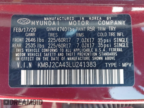 2020 Hyundai Tucson SE with VIN KM8J2CA43LU241383, listed as a IAAI auction lot 41952052 with 15,491 mi miles. Bid and sale history available at carsss.com. Image 9.