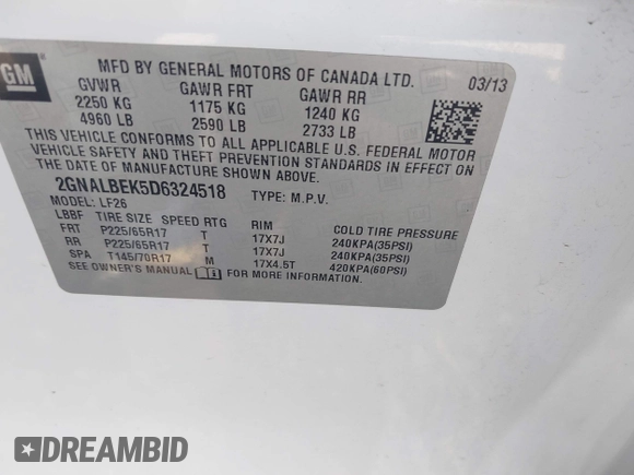 2013 Chevrolet Equinox LS z VIN 2GNALBEK5D6324518, wystawiony jako IAAI lot #42193962 z przebiegiem 155 979 mil mil oraz . Historia ofert i sprzedaży dostępna na DreamBid. Obrazek 9.