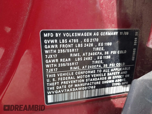 2010 Volkswagen Tiguan S z VIN WVGAV7AX3AW001762, wystawiony jako IAAI lot #42572895 z przebiegiem 127 433 mil mil oraz . Historia ofert i sprzedaży dostępna na DreamBid. Obrazek 9.
