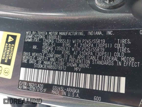 2011 Toyota Highlander Limited with VIN 5TDDK3EH8BS078912, listed as a IAAI auction lot 41706469 with 242,651 mi miles and . Bid and sale history available at DreamBid. Image 9.