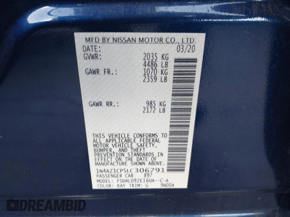 2020 Nissan LEAF SV with VIN 1N4AZ1CP5LC306791, listed as a IAAI auction lot 41629300 with 23,206 mi miles and . Bid and sale history available at DreamBid. Image 9.