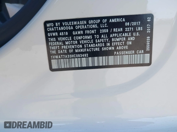 2017 Volkswagen Passat S with VIN 1VWAT7A33HC083492, listed as a IAAI auction lot 42117212 with 96,994 mi miles and . Bid and sale history available at DreamBid. Image 9.