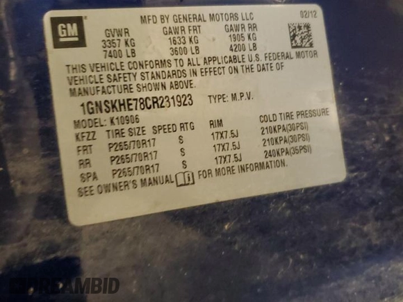 2012 Chevrolet Suburban LS with VIN 1GNSKHE78CR231923, listed as a Copart auction lot 82618924 with 234,418 mi miles and Salvage Title. Bid and sale history available at carsss.com. Image 13.
