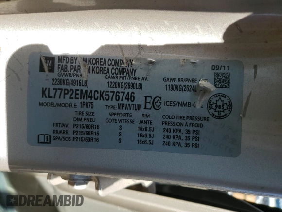 2012 Chevrolet Orlando 1LT z VIN KL77P2EM4CK576746, wystawiony jako Copart lot #54950285 z przebiegiem 183 399 mil mil oraz Szkody całkowita. Historia ofert i sprzedaży dostępna na DreamBid. Obrazek 14.