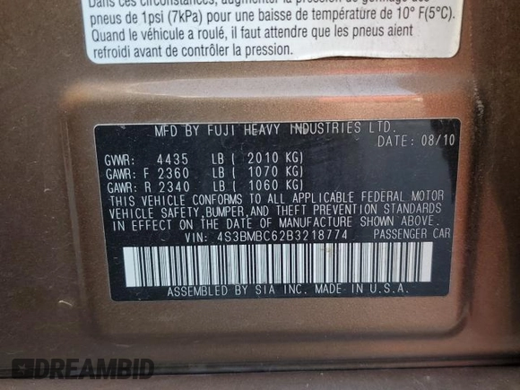 2011 Subaru Legacy Premium with VIN 4S3BMBC62B3218774, listed as a Copart auction lot 54074335 with 124,069 mi miles and Salvage Title. Bid and sale history available at DreamBid. Image 12.