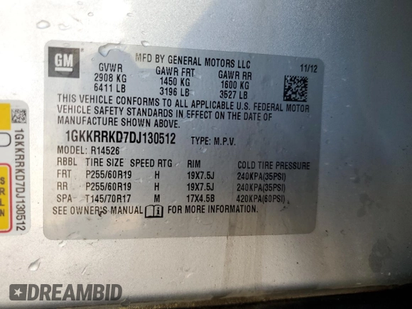 2013 GMC Acadia SLT z VIN 1GKKRRKD7DJ130512, wystawiony jako Copart lot #57632515 z przebiegiem 124 772 mil mil oraz Szkoda całkowita • Salvage title. Historia ofert i sprzedaży dostępna na DreamBid. Obrazek 14.