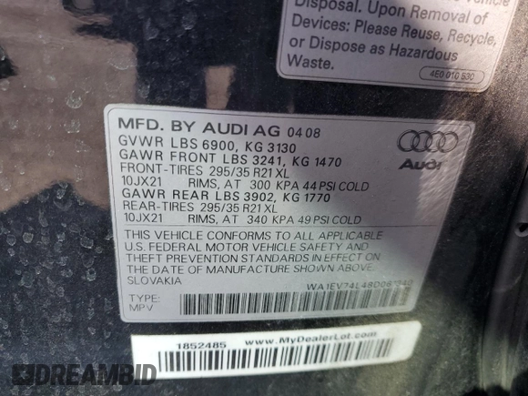 2008 Audi Q7 4.2L Premium with VIN WA1EV74L48D061340, listed as a Copart auction lot 70864584 with 112,353 mi miles and Salvage Title. Bid and sale history available at carsss.com. Image 13.