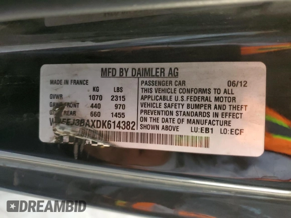 2013 Smart fortwo Pure with VIN WMEEJ3BAXDK614382, listed as a Copart auction lot 46398545 with 78,335 mi miles and Salvage Title. Bid and sale history available at carsss.com. Image 12.