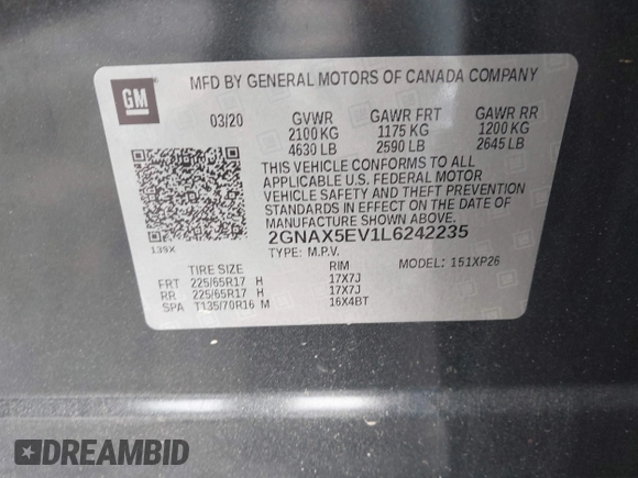 2020 Chevrolet Equinox LS z VIN 2GNAX5EV1L6242235, wystawiony jako IAAI lot #42279190 z przebiegiem 100 310 mil mil oraz . Historia ofert i sprzedaży dostępna na DreamBid. Obrazek 9.