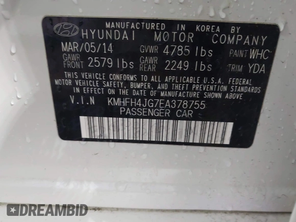 2014 Hyundai Azera Limited with VIN KMHFH4JG7EA378755, listed as a IAAI auction lot 42027136 with 216,082 mi miles and . Bid and sale history available at carsss.com. Image 9.