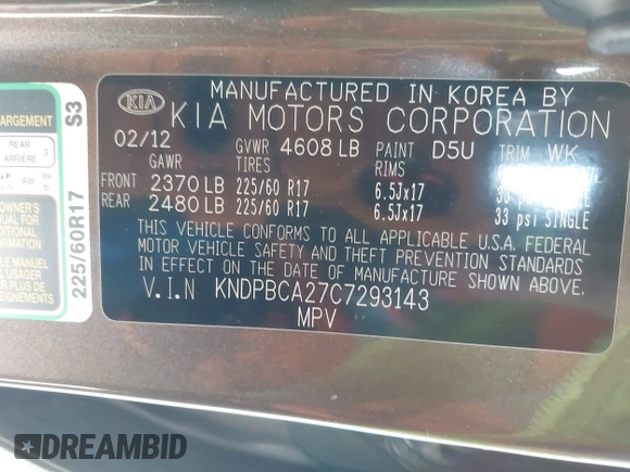 2012 Kia Sportage LX with VIN KNDPBCA27C7293143, listed as a IAAI auction lot 41980919 with 206,457 mi miles and . Bid and sale history available at DreamBid. Image 9.