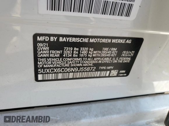 2022 BMW X7 M50i with VIN 5UXCX6C06N9J55872, listed as a Copart auction lot 67270444 with 0 mi miles and Salvage Title. Bid and sale history available at carsss.com. Image 14.