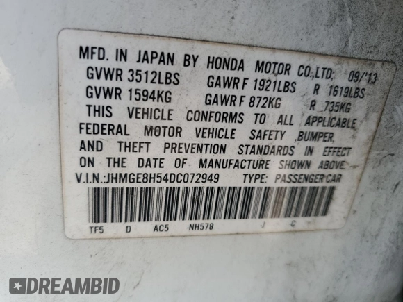 2013 Honda Fit Sport с VIN JHMGE8H54DC072949, выставлен на аукционе Copart как лот 57798645 с пробегом 45 886 миль миль и Списание • Salvage title. История ставок и продаж доступна на DreamBid. Изображение 12.