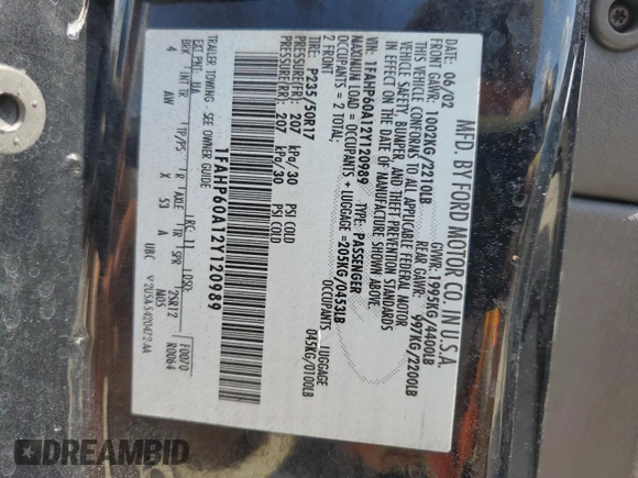2002 Ford Thunderbird Hardtop Premium with VIN 1FAHP60A12Y120989, listed as a Copart auction lot 77573084 with Not Provided miles and Salvage Title. Bid and sale history available at DreamBid. Image 13.