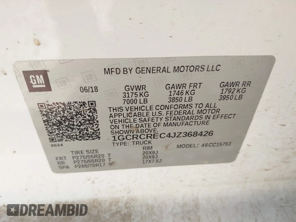 2018 Chevrolet Silverado 1500 LT with VIN 1GCRCREC4JZ368426, listed as a IAAI auction lot 41343347 with 114,821 mi miles and . Bid and sale history available at DreamBid. Image 9.