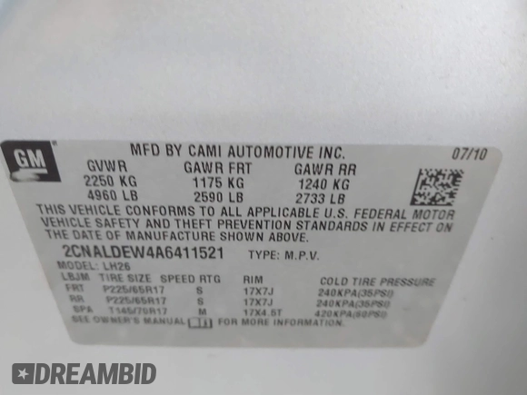 2010 Chevrolet Equinox LT w/1LT with VIN 2CNALDEW4A6411521, listed as a IAAI auction lot 40063590 with 111,241 mi miles. Bid and sale history available at carsss.com. Image 9.