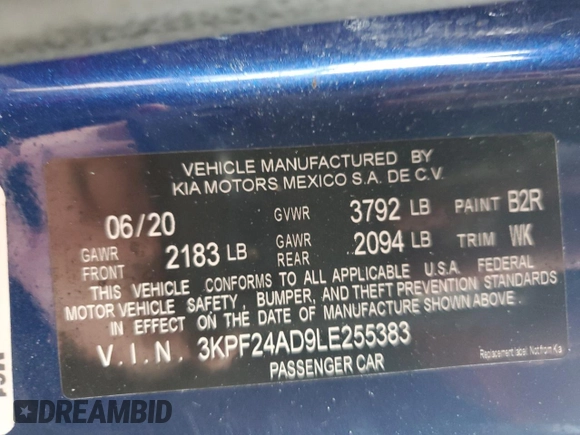 2020 Kia Forte LXS with VIN 3KPF24AD9LE255383, listed as a Copart auction lot 43591265 with 34,394 mi miles and Salvage Title. Bid and sale history available at carsss.com. Image 14.