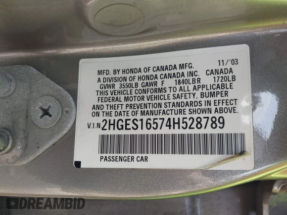 2004 Honda Civic LX with VIN 2HGES16574H528789, listed as a IAAI auction lot 42146600 with 219,255 mi miles. Bid and sale history available at carsss.com. Image 9.