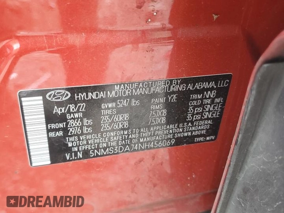 2022 Hyundai Santa Fe SEL with VIN 5NMS3DAJ4NH456069, listed as a Copart auction lot 80191264 with 50,375 mi miles and Salvage Title. Bid and sale history available at carsss.com. Image 15.