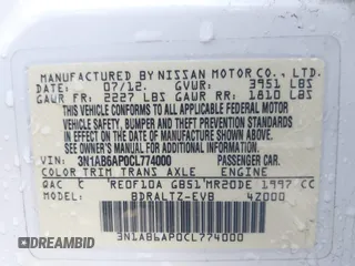 2012 Nissan Sentra S with VIN 3N1AB6AP0CL774000, listed as a IAAI auction lot 42714588 with 168,125 mi miles and . Bid and sale history available at DreamBid. Image 9.