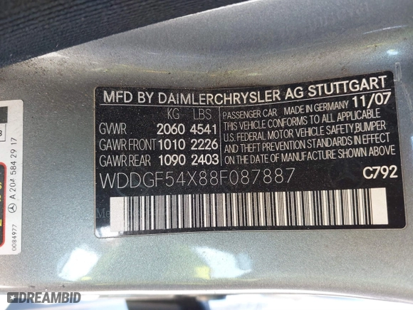 2008 Mercedes-Benz C-Class 3.0L Sport with VIN WDDGF54X88F087887, listed as a IAAI auction lot 40700660 with 190,436 mi miles. Bid and sale history available at carsss.com. Image 9.