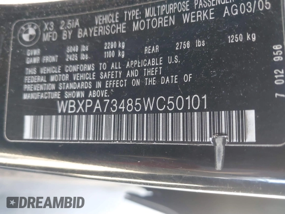 2005 BMW X3 2.5i with VIN WBXPA73485WC50101, listed as a IAAI auction lot 41844456 with 202,522 mi miles. Bid and sale history available at carsss.com. Image 9.