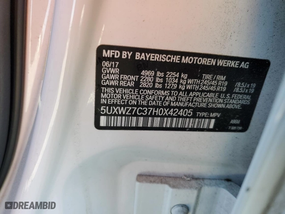 2017 BMW X3 sDrive28i with VIN 5UXWZ7C37H0X42405, listed as a Copart auction lot 49547385 with 0 mi miles and Salvage Title. Bid and sale history available at carsss.com. Image 13.