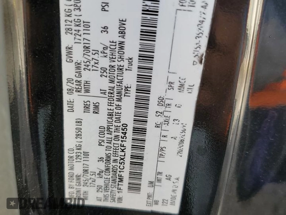 2020 Ford F-150 XL with VIN 1FTMF1C5XLKF15450, listed as a Copart auction lot 79884874 with 32,575 mi miles and Salvage Title. Bid and sale history available at carsss.com. Image 12.