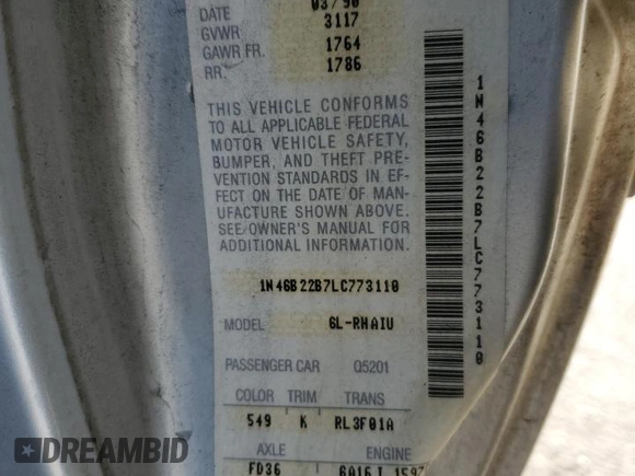 1990 Nissan Sentra with VIN 1N4GB22B7LC773110, listed as a Copart auction lot 55384855 with 48,159 mi miles and Clean title. Bid and sale history available at DreamBid. Image 12.