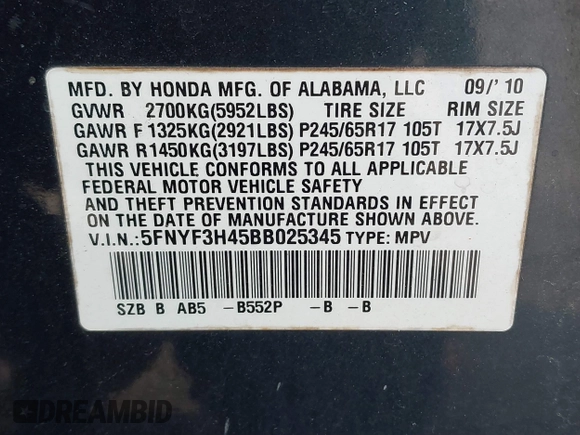 2011 Honda Pilot EX with VIN 5FNYF3H45BB025345, listed as a IAAI auction lot 41270126 with 199,791 mi miles and . Bid and sale history available at carsss.com. Image 9.