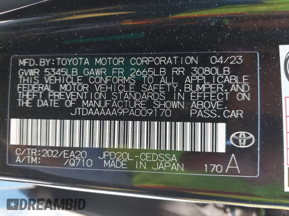 2023 Toyota Mirai XLE with VIN JTDAAAAA9PA009170, listed as a IAAI auction lot 42234998 with 34,363 mi miles and . Bid and sale history available at DreamBid. Image 9.