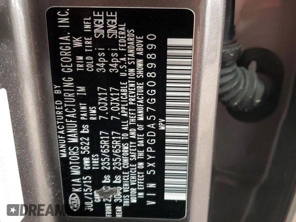 2016 Kia Sorento LX with VIN 5XYPGDA57GG089890, listed as a Copart auction lot 42416645 with 130,270 mi miles and Salvage Title. Bid and sale history available at DreamBid. Image 14.