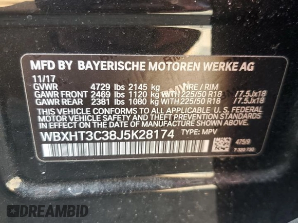 2018 BMW X1 xDrive28i with VIN WBXHT3C38J5K28174, listed as a Copart auction lot 57333385 with 50,064 mi miles and Salvage title. Bid and sale history available at DreamBid. Image 12.