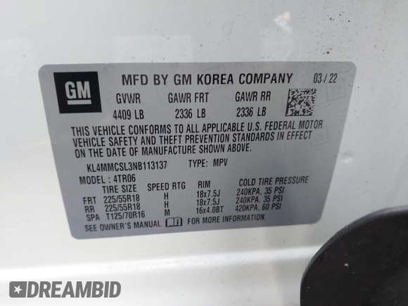 2022 Buick Encore GX Preferred with VIN KL4MMCSL3NB113137, listed as a IAAI auction lot 42346027 with 10,011 mi miles and . Bid and sale history available at DreamBid. Image 9.