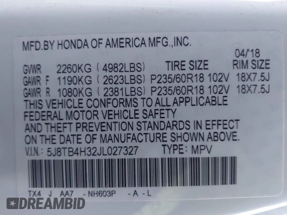 2018 Acura RDX with VIN 5J8TB4H32JL027327, listed as a IAAI auction lot 41246327 with 165,446 mi miles. Bid and sale history available at carsss.com. Image 9.