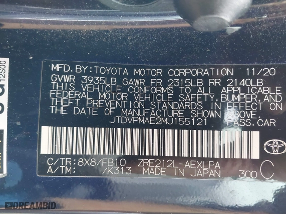 2021 Toyota Corolla LE with VIN JTDVPMAE2MJ155121, listed as a IAAI auction lot 41683464 with 205,384 mi miles. Bid and sale history available at carsss.com. Image 9.