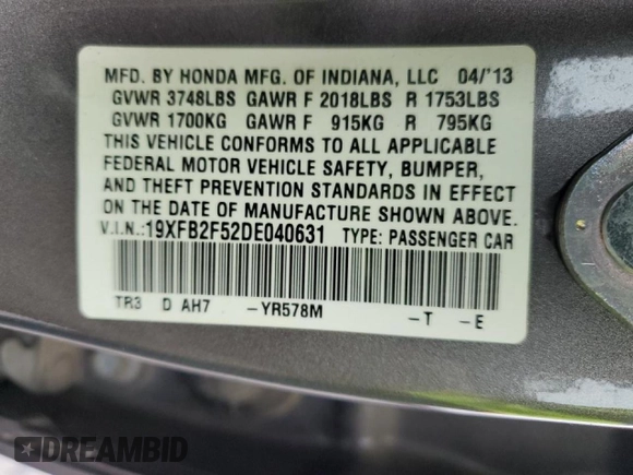2013 Honda Civic LX with VIN 19XFB2F52DE040631, listed as a Copart auction lot 51076145 with 135,840 mi miles and Salvage Title. Bid and sale history available at DreamBid. Image 14.
