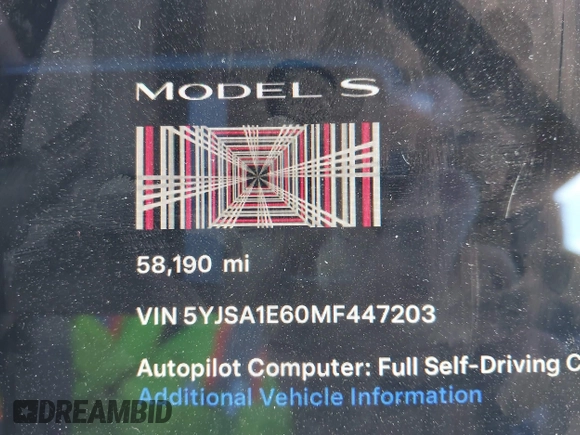 2021 Tesla Model S Plaid with VIN 5YJSA1E60MF447203, listed as a IAAI auction lot 42025120 with 58,190 mi miles. Bid and sale history available at carsss.com. Image 15.
