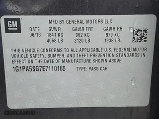2014 Chevrolet Cruze LS with VIN 1G1PA5SG7E7110165, listed as a IAAI auction lot 41849121 with 92,319 mi miles. Bid and sale history available at carsss.com. Image 9.