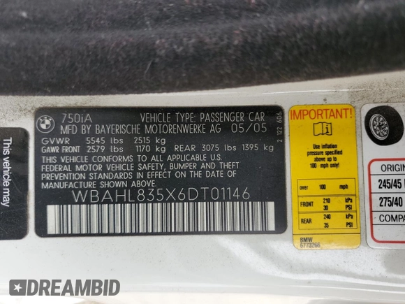 2006 BMW 7 Series 750i с VIN WBAHL835X6DT01146, выставлен на аукционе Copart как лот 58617325 с пробегом 99 178 миль миль и Чистый • Clean title. История ставок и продаж доступна на DreamBid. Изображение 12.