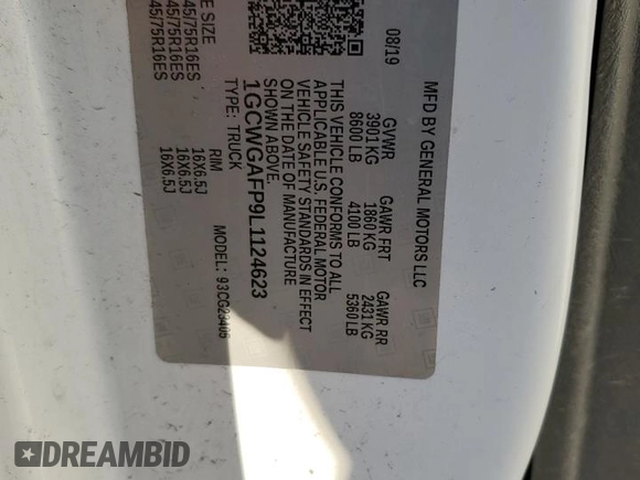 2020 Chevrolet Express Cargo Van with VIN 1GCWGAFP9L1124623, listed as a Copart auction lot 45690045 with 185,696 mi miles and Salvage Title. Bid and sale history available at carsss.com. Image 15.