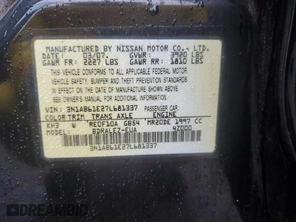 2007 Nissan Sentra 2.0 with VIN 3N1AB61E27L681337, listed as a Copart auction lot 51576185 with 119,921 mi miles and Clean Title. Bid and sale history available at DreamBid. Image 12.