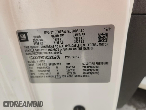 2012 GMC Acadia Denali with VIN 1GKKVTED1CJ235906, listed as a Copart auction lot 61618405 with 140,553 mi miles and Salvage title. Bid and sale history available at DreamBid. Image 13.