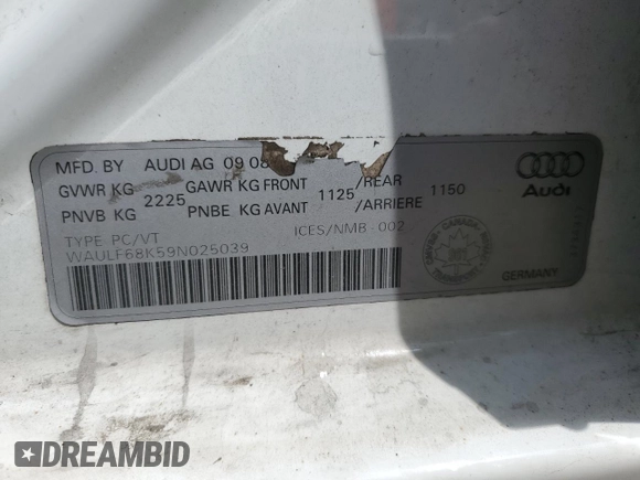 2009 Audi A4 with VIN WAULF68K59N025039, listed as a Copart auction lot 61571575 with Not provided miles and Salvage title. Bid and sale history available at DreamBid. Image 12.