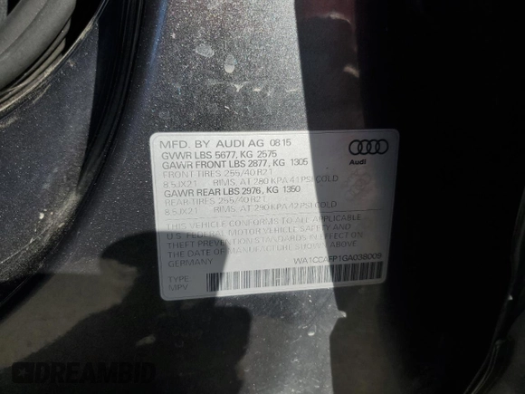 2016 Audi SQ5 Premium Plus with VIN WA1CCAFP1GA038009, listed as a Copart auction lot 56943495 with 98,072 mi miles and Salvage title. Bid and sale history available at DreamBid. Image 14.