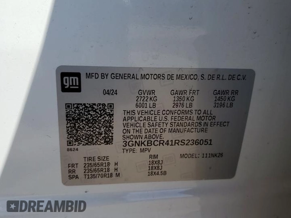 2024 Chevrolet Blazer LT with VIN 3GNKBCR41RS236051, listed as a Copart auction lot 56114425 with 18,269 mi miles and Salvage title. Bid and sale history available at DreamBid. Image 12.