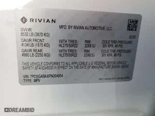 2023 Rivian R1S Adventure with VIN 7PDSGABAXPN004854, listed as a Copart auction lot 75369664 with 0 mi miles and Salvage Title. Bid and sale history available at carsss.com. Image 14.