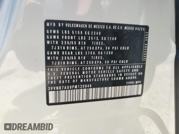2023 Volkswagen Tiguan SE с VIN 3VVNB7AX0PM120846, выставлен на аукционе Copart как лот 62089755 с пробегом 30 452 миль миль и Списание • Salvage title. История ставок и продаж доступна на DreamBid. Изображение 13.