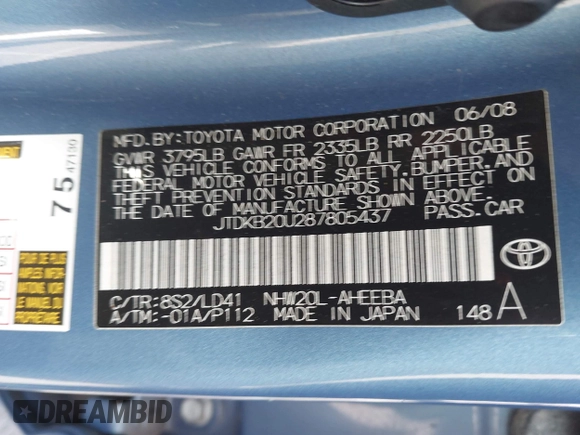 2008 Toyota Prius with VIN JTDKB20U287805437, listed as a IAAI auction lot 41953657 with 244,612 mi miles and . Bid and sale history available at DreamBid. Image 9.